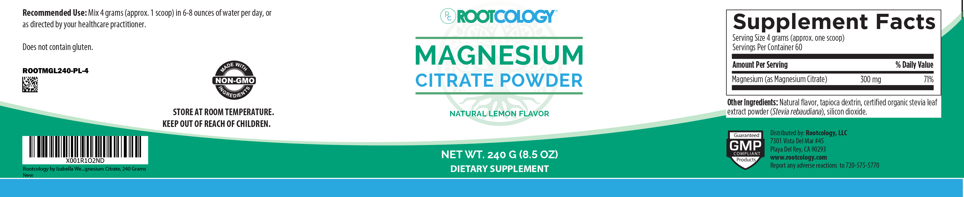 Rootcology Magnesium Citrate Supplement Label