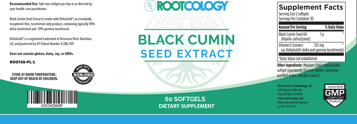 Rootcology Black Cumin Seed Extract Supplement Label