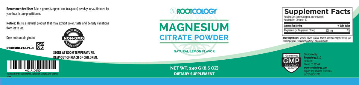 Rootcology Magnesium Citrate Supplement Label
