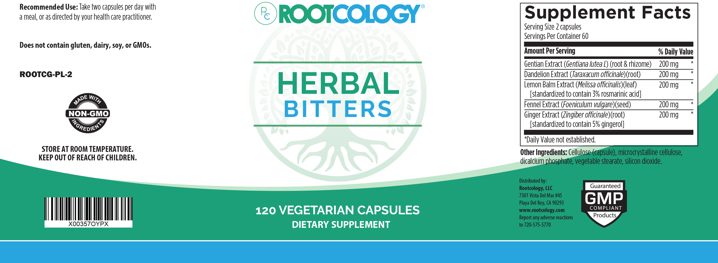 Rootcology Herbal Bitters Supplement Label